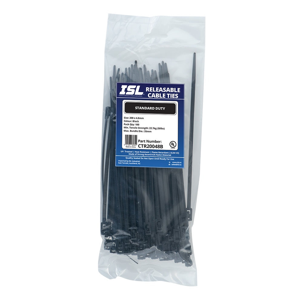 ISL UV Nylon Releasable Cable Tie - Blk - 100pk