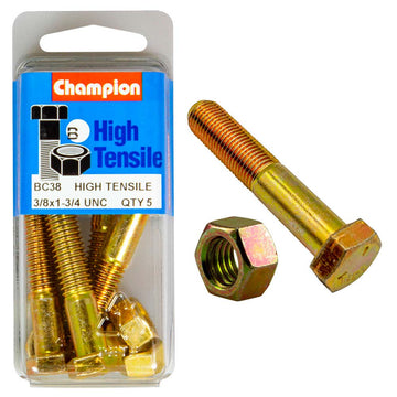Champion Grade 5 bolt and nut, 3/8 x 1-3/4 inch UNC, zinc plated, pack of 10