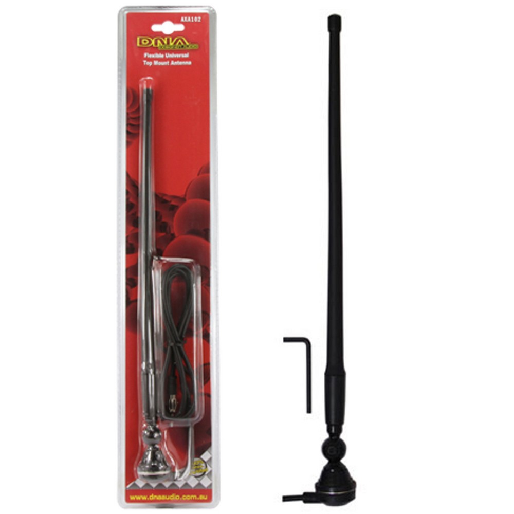 Black flexible AM/FM antenna with adjustable ball joint and 90-degree cable entry