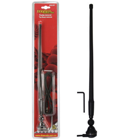 Black flexible AM/FM antenna with adjustable ball joint and 90-degree cable entry
