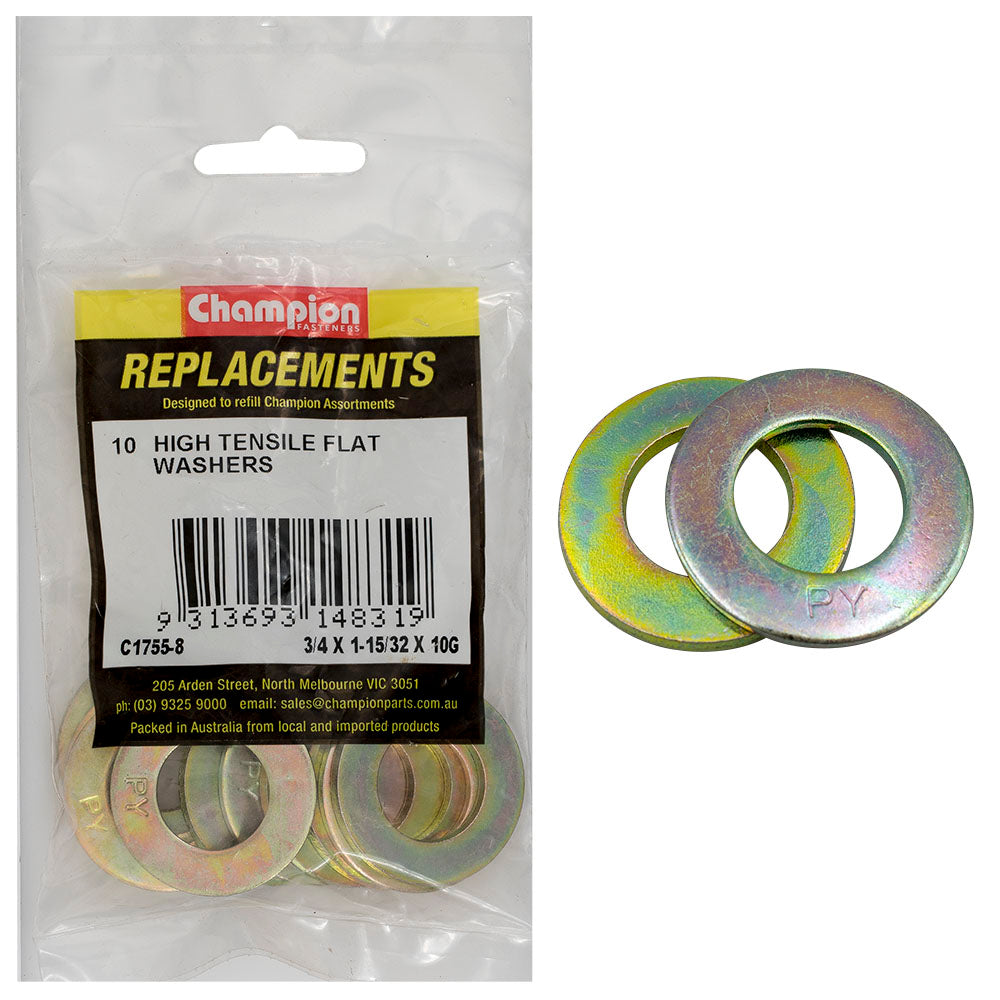 Champion 3/4in x 1-15/32in x 10G Ht Flat Steel Washer - 10pk | ISL