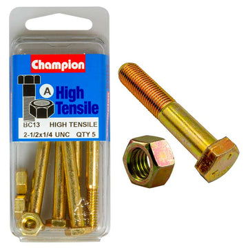 Champion Grade 5 bolt and nut set, 1/4in × 2-1/2in UNC, zinc-plated, pack of 10