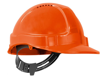 TUFF-NUT orange hard hat with short peak and vented shell, front view