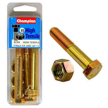 Champion Grade 5 bolt and nut set, 7/16 x 3-1/2in UNC, zinc plated, pack of 6