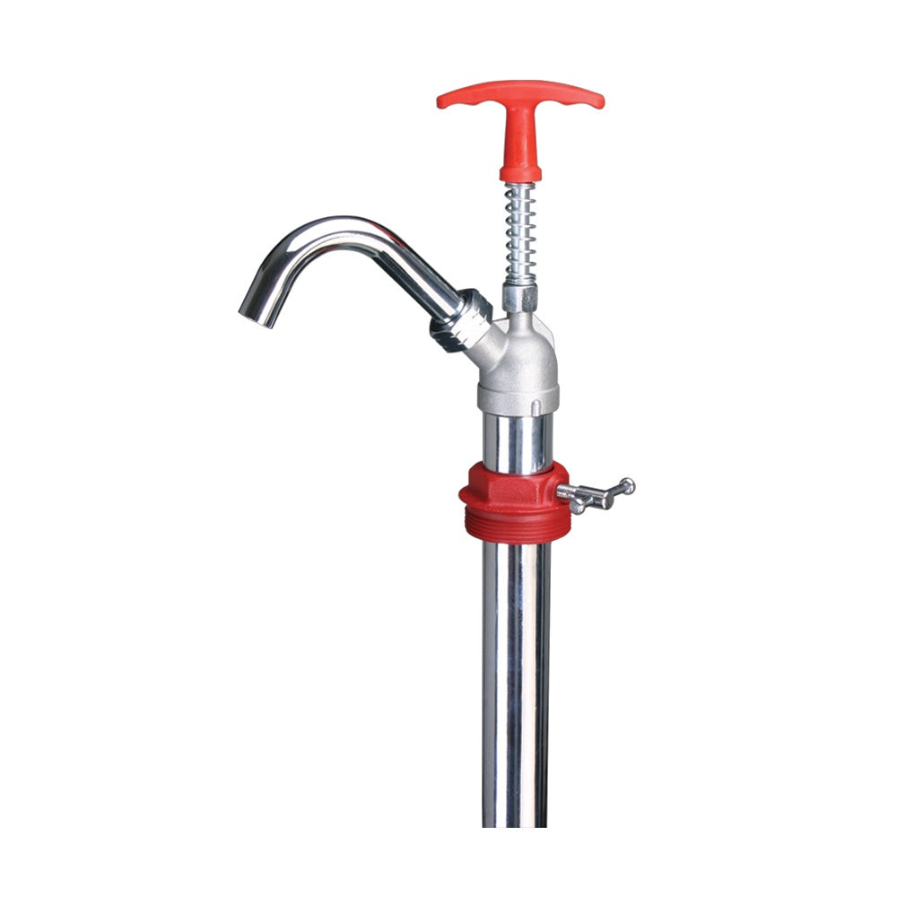 Close-up of Groz pump head showing aluminium die-cast construction and steel plunger rod