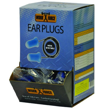 Box of 100 metal detectable foam earplugs, bright blue, bell shape with neck cord