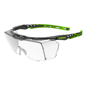 Esko VISPEC2 safety glasses with flexi-comfort fit and ratchet adjustment, worn over prescription lenses