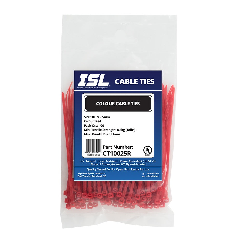 ISL Nylon Cable Tie - Red - 100pk