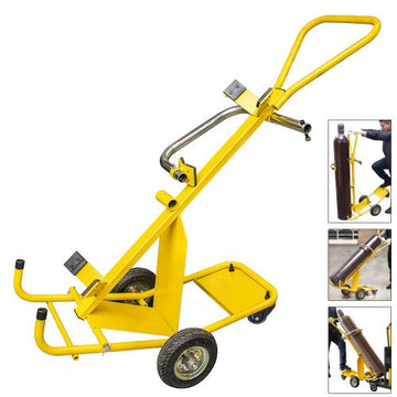 Stronghand gas cylinder cart with stainless steel keeper bar and locking rear wheels
