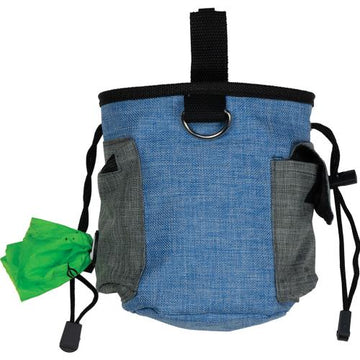 Sniffz blue treat bag with removable belt, front view showing drawstring closure and D-ring