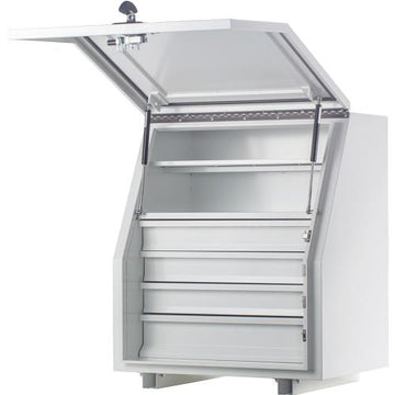 KABoxes 715 Series white steel site box with four drawers and two shelves, front view