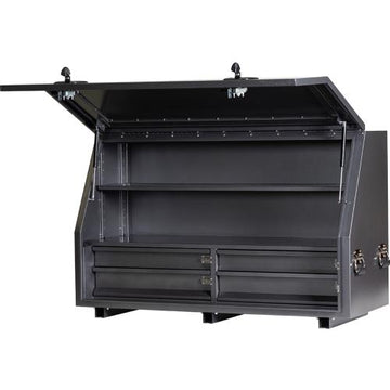 KABoxes 1360 aluminium toolbox with 4 drawers and 2 shelves, black powder coat, front view