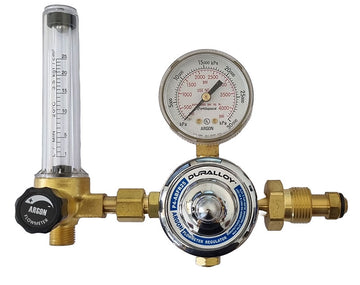 Argon regulator with integral flowmeter, Harris style, forged brass body and chrome bonnet