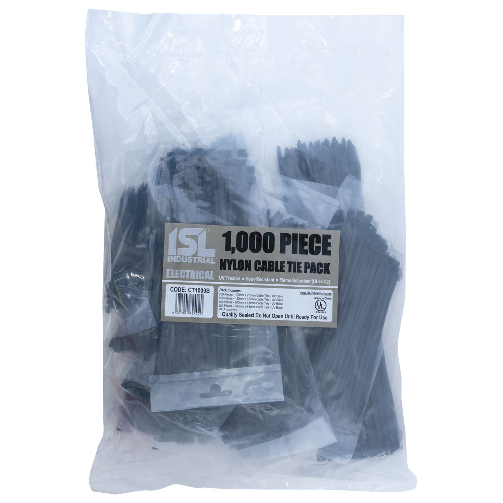 ISL 1000-piece assorted nylon cable ties pack in UV black