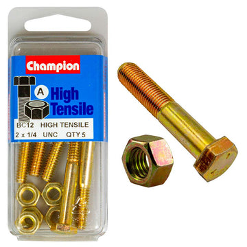 Champion Grade 5 bolt and nut set, 1/4 x 2in UNC, zinc plated, pack of 10