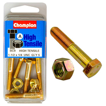 Champion 1/4 x 1-1/2in Grade 5 bolt and nut, zinc-plated, UNC thread