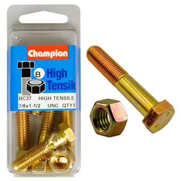Champion 3/8 x 1-1/2 inch Grade 5 bolt and nut, zinc plated, pack of 10