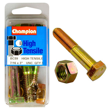 Champion 7/16 UNC x 3in Grade 5 bolt and nut, zinc plated, pack of 6