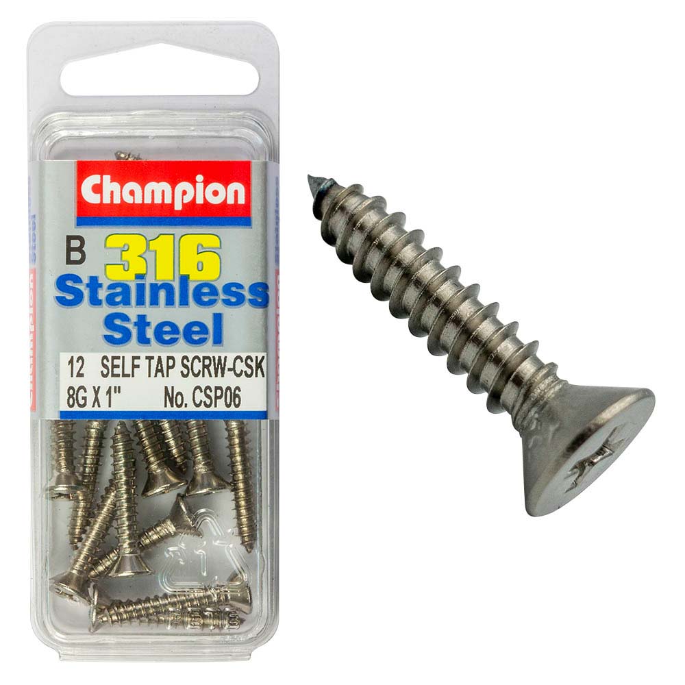 Champion 316/A4 stainless steel self-tapping set screw, countersunk Phillips head, 8G x 25mm, pack of 12