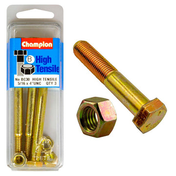 Champion 5/16 x 4in Grade 5 bolt and nut set, zinc plated, UNC thread