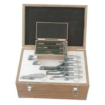 Mitutoyo outside micrometer set of 6, 0–150 mm range with carbide measuring faces and ratchet stop
