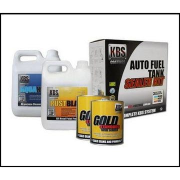 KBS Fuel Tank Sealer Kit with bottles of AquaKlean, RustBlast, Gold Standard sealer and nitrile gloves