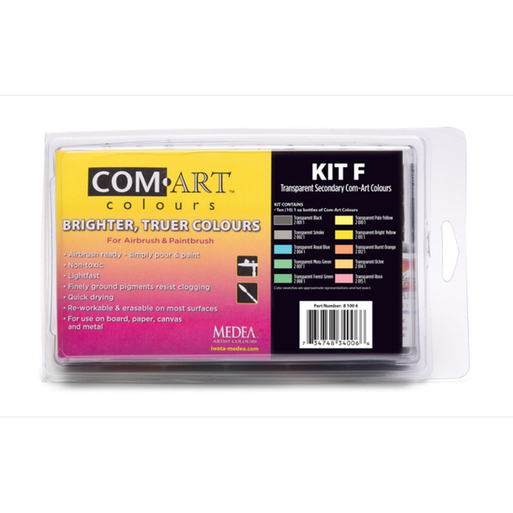 Iwata Medea Com-Art Airbrush And Paintbrush Paints 10pc (Kit F) Transparent Primary Kit | Formula
