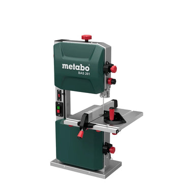 Metabo 400W band saw with grey cast iron table and LED work light