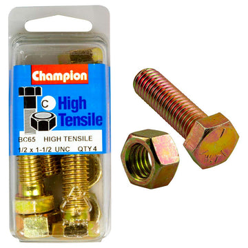 Champion Grade 5 bolt and nut set, 1/2 UNC x 1-1/2in, zinc plated, 8 piece pack