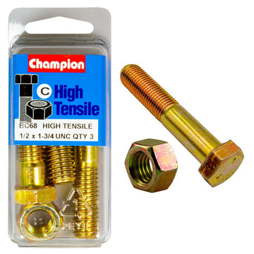 Champion Grade 5 bolt and nut, 1/2 UNC x 1-3/4in, zinc plated, pack of 6