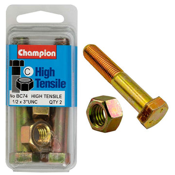 Champion Grade 5 bolt and nut set, 1/2 inch UNC x 3 inch, zinc-plated