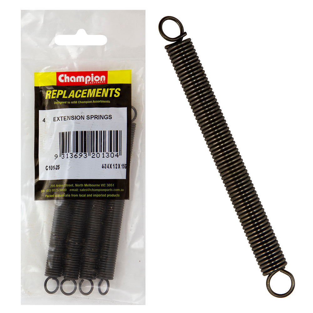Champion 4-3/4 (L) x 1/2in (O.D) x 15G Extension Spring -4pk – 4-3/4IN (L) X 1/2IN (O.D.) X 15G EXTENSION SPRING | ISL