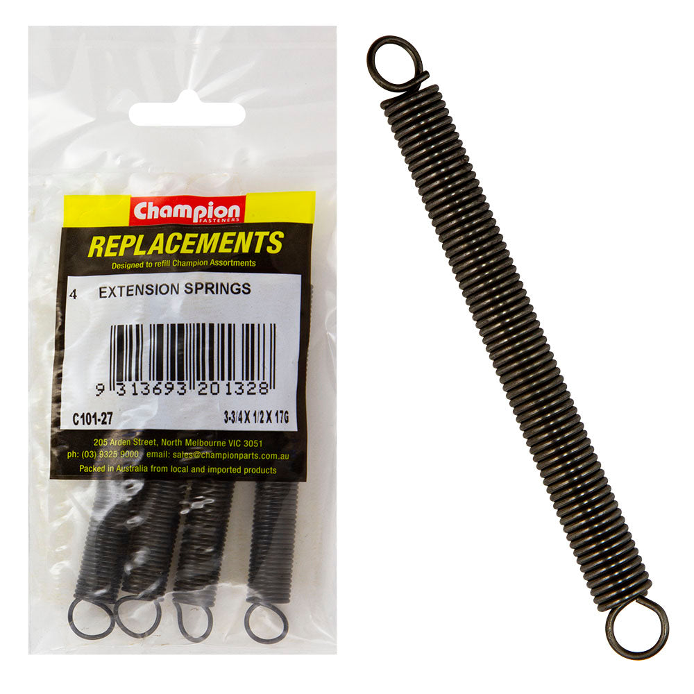 Champion 3-3/4 (L) x 1/2in (O.D) x 17G Extension Spring -4pk – 3-3/4IN (L) X 1/2IN (O.D.) X 17G EXTENSION SPRING | ISL