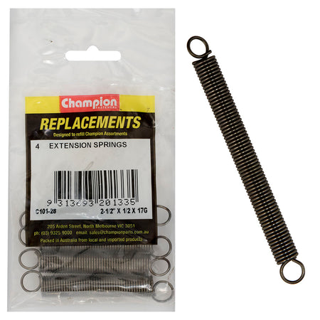 Champion 2-1/2 (L) x 1/2in (O.D) x 17G Extension Spring -4pk – 2-1/2in (L) X 1/2in (O.D.) X 17g Extension Spring - 4 Pack