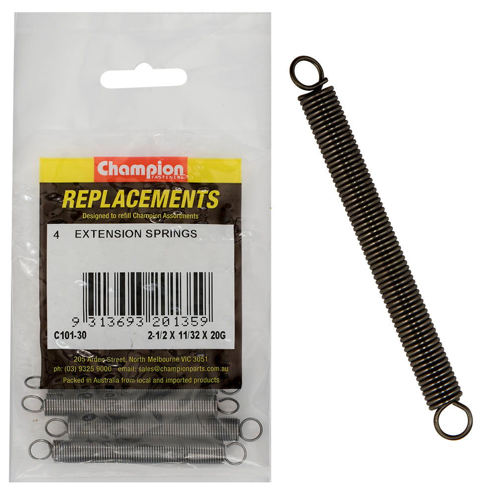 Champion 2-1/2(L) x 11/32in (O.D) x 20G Extension Spring-4pk – 2-1/2in (L) X 11/32in (O.D.) X 20g Extension Spring - 4 Pack