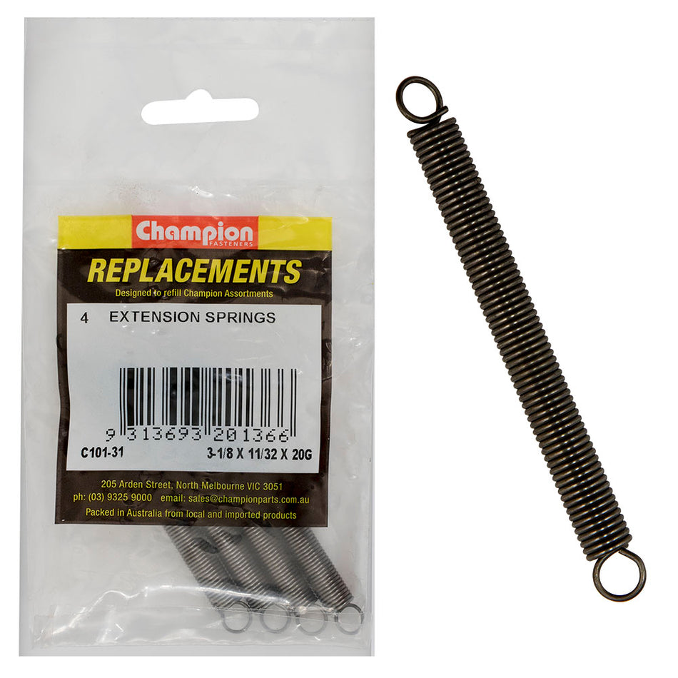 Champion 3-1/8(L) x 11/32in (O.D) x 20G Extension Spring-4pk