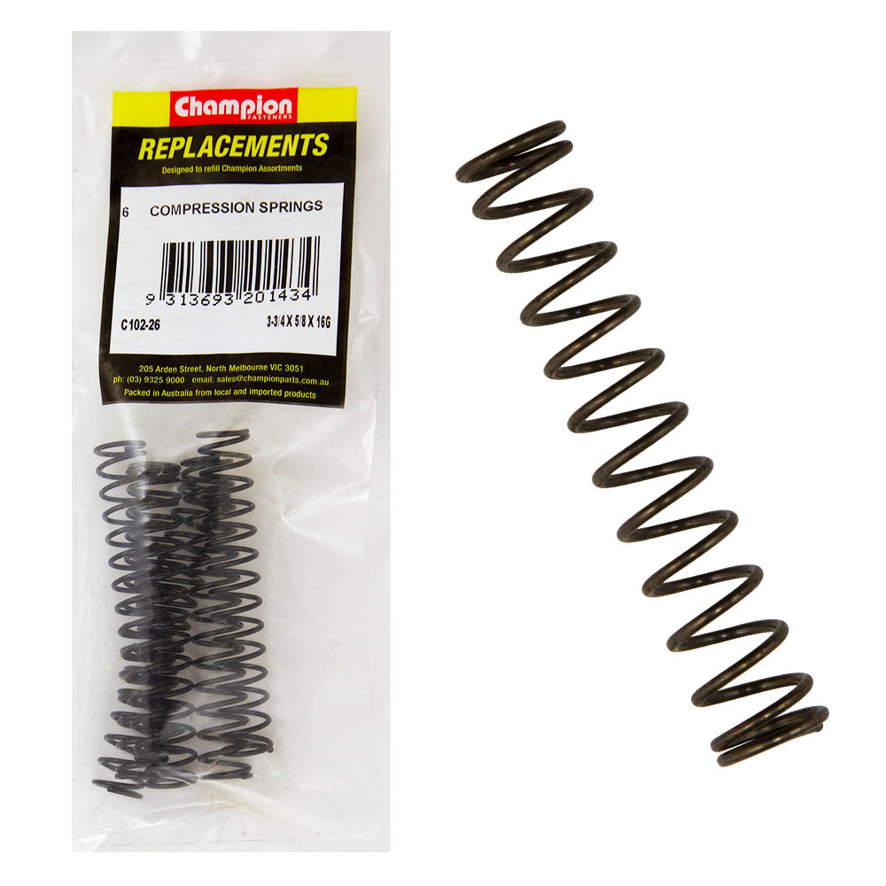 Champion 3-3/4(L) x 5/8in (O.D) x 16G Compression Spring-6pk – 3-3/4in (L) X 5/8in (O.D.) X 16g Compression Spring - 6 Pack
