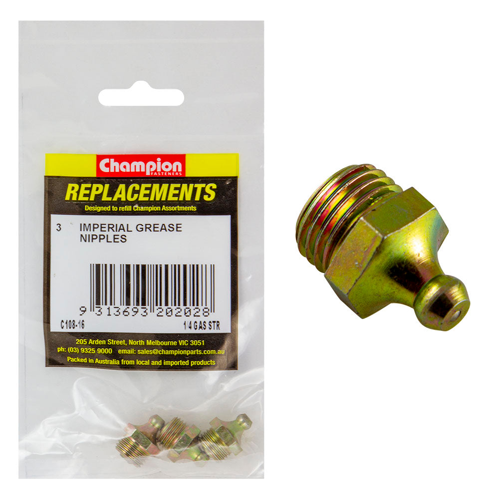 Champion 1/4in BSP (Gas) Straight Grease Nipple -3pk