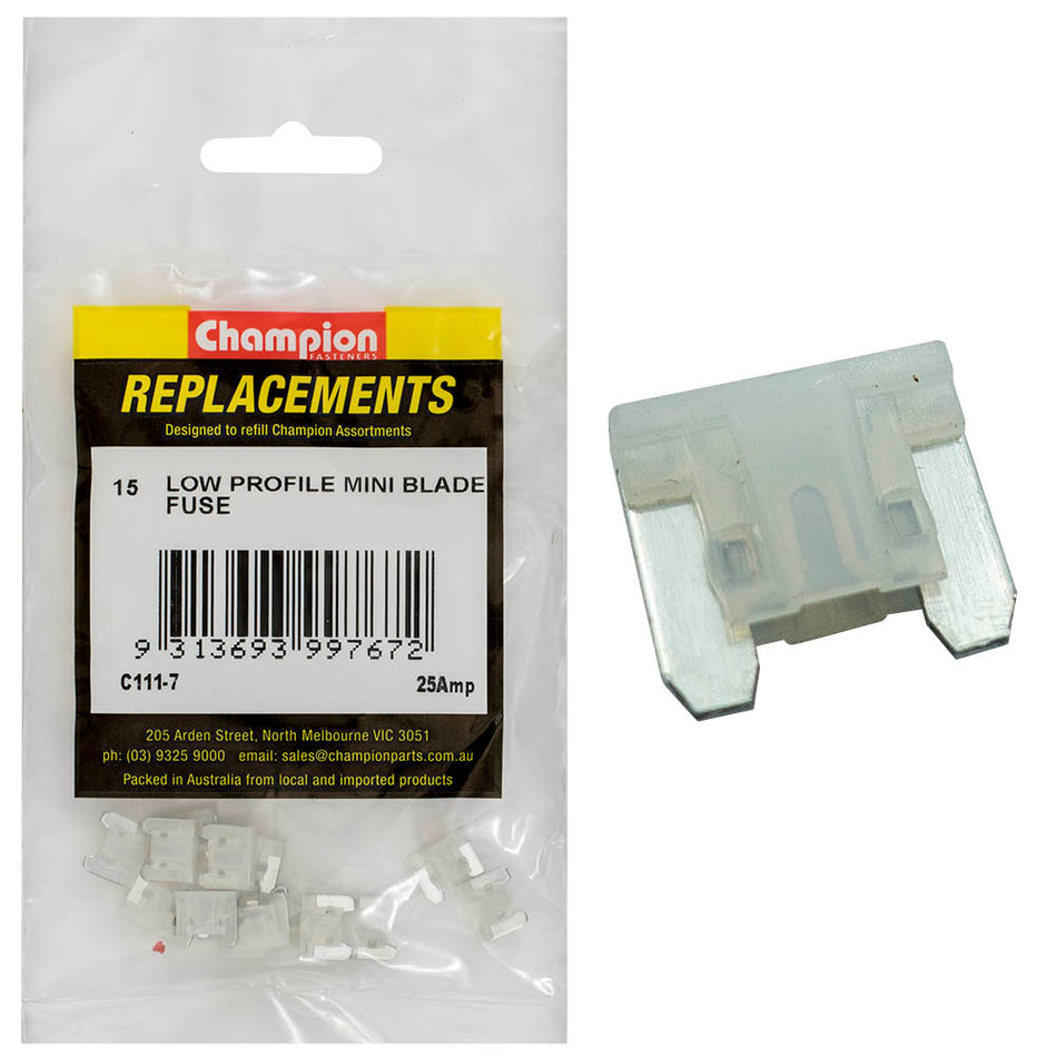 Champion 25Amp Low Profile Mini Blade Fuse (Clear) -15pk