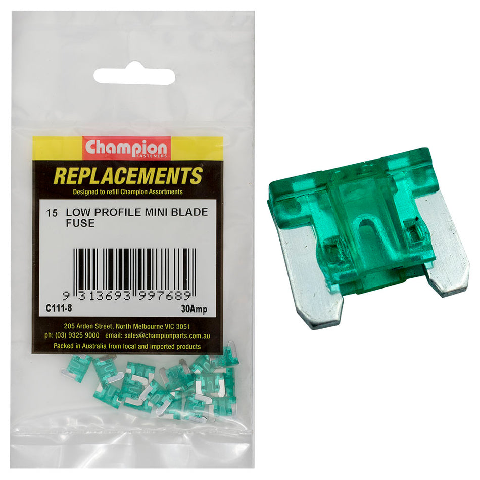 Champion 30Amp Low Profile Mini Blade Fuse (Green) -15pk