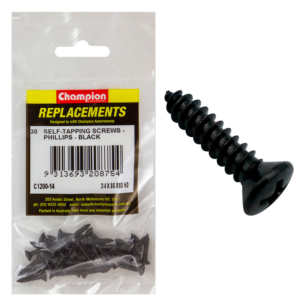 Champion 8G x 3/4in S/Tapping Screw Raised Head Ph Blk -30pk | ISL