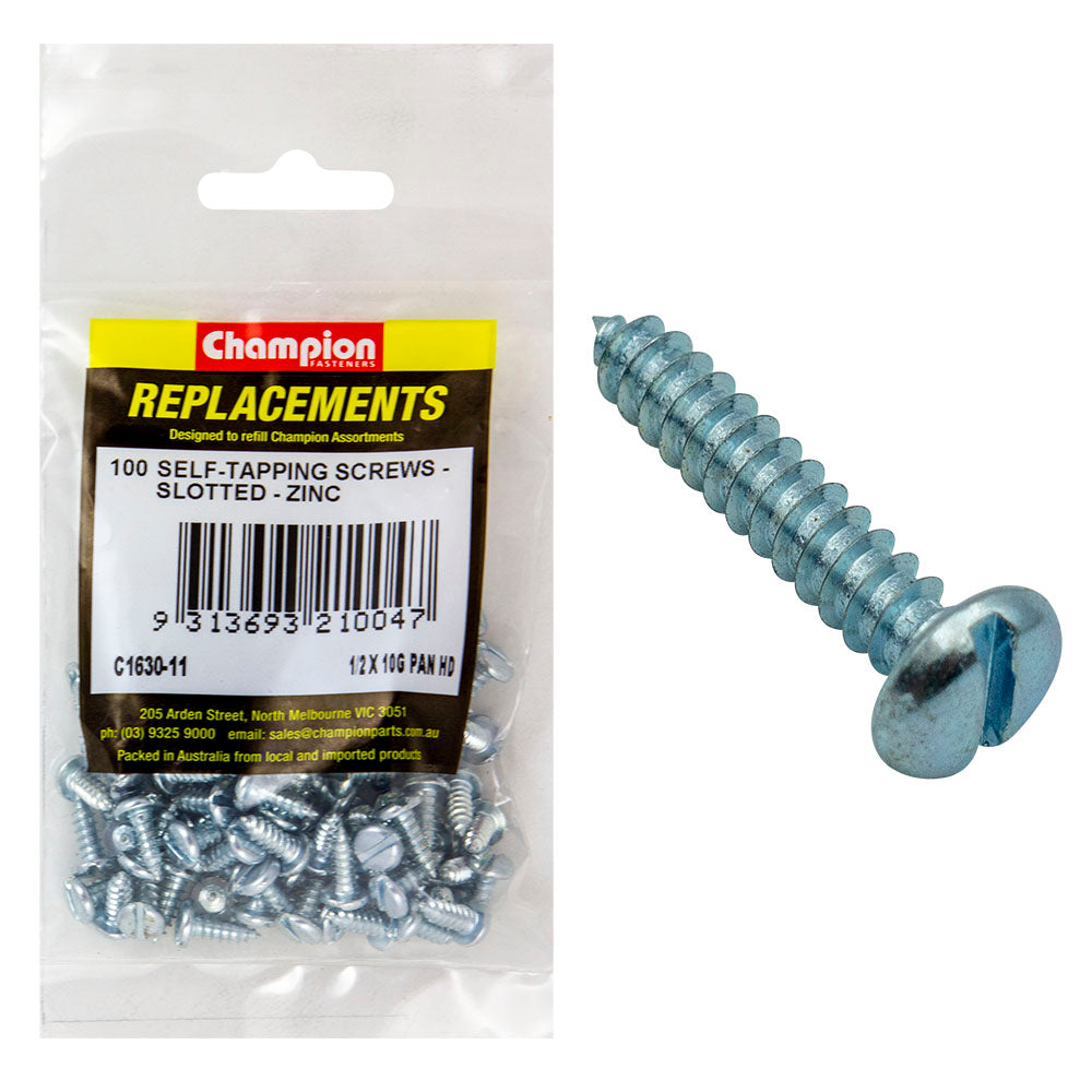 Champion 10G x 1/2in S/Tapping Screw Pan Head Slot -100pk | ISL