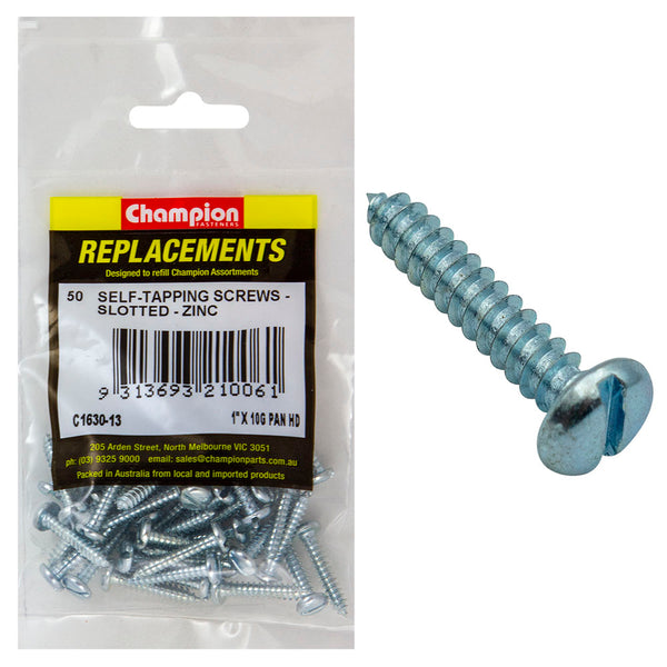 Champion 10G x 1in S/Tapping Screw Pan Head Slot -50pk