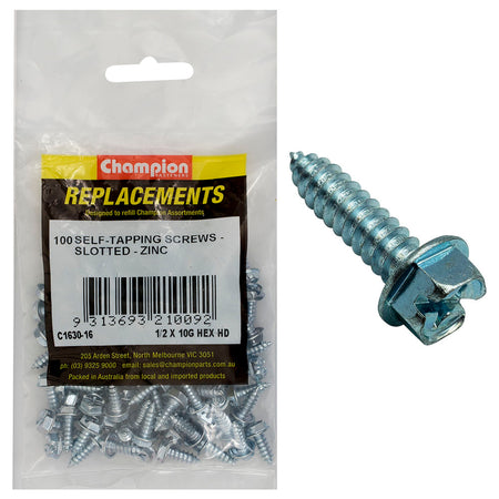 Champion 10G x 1/2in S/Tapping Screw Hex Head Phillips-100pk – 10g X 1/2in S/Tapping Screw Hex Head Phillips - 100 Pack | ISL