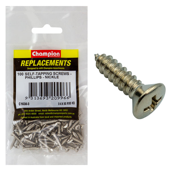 Champion 8G x 3/4in S/Tapping Screw Rsd Hd Phillips -100pk