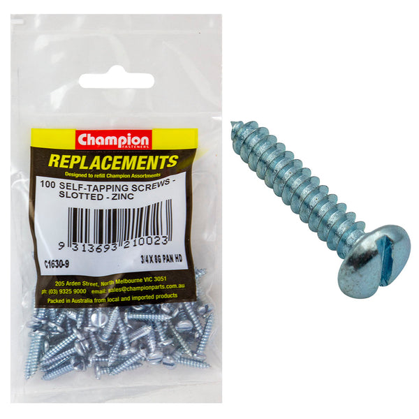 Champion 8G x 3/4in S/Tapping Screw Pan Head Slot -100pk