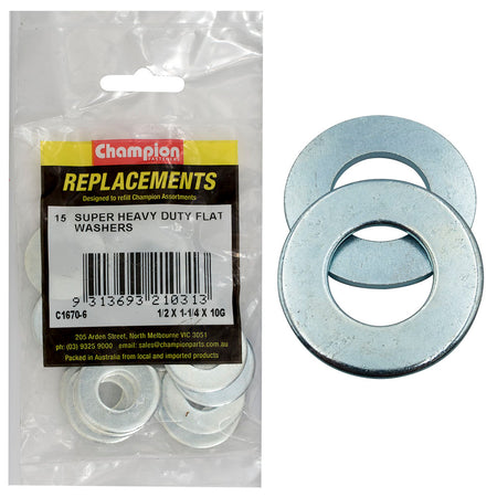 Champion 1/2in x 1-1/4in x 10G H/Duty Flat Steel Washer-15pk – 1/2 X 1-1/4IN X 10G SUPER H/DUTY FLAT STEEL WASHER | ISL
