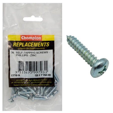 Champion 12G x 1in S/Tapping Screw Pan Hd Phillips (Zn)-30pk | ISL