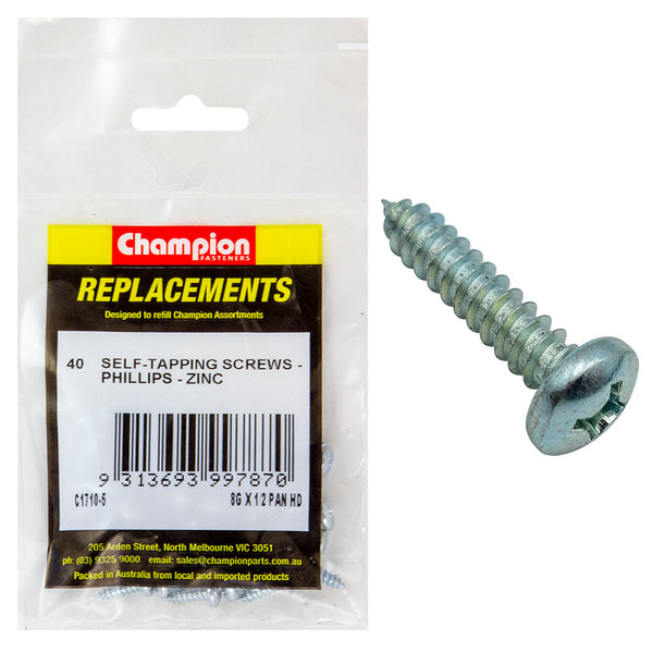 Champion 8G x 1/2in S/Tapping Screw Pan Head Phillips - 40pk