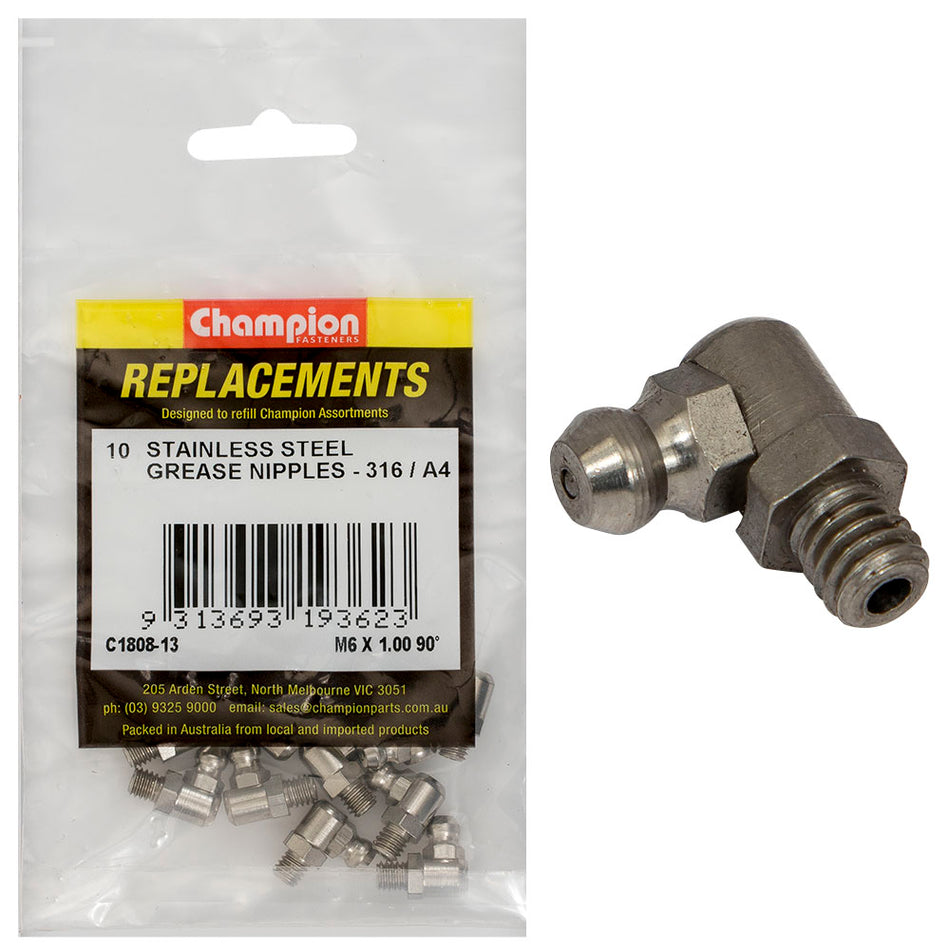 Champion Grease Nipple Stainless M6 x1.00 90Deg. 316/A4-10pk